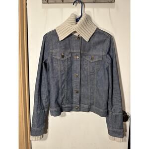 THEORY WOMEN DENIM JACKET BLUE LONG SLEEVE Sweater Knit Collar And Cuffs SZ M